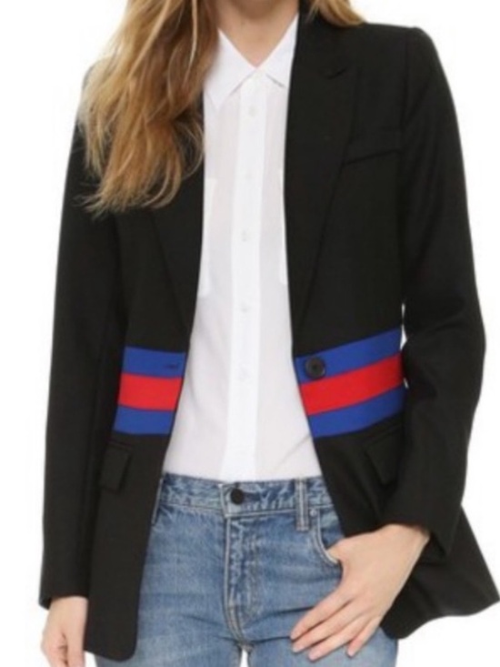Smythe Jackets & Blazers - SMYTHE Black Wool Tailored Blazer Red Royal Blue Waist Stripe Sz 2